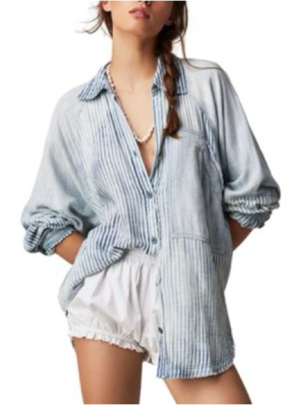 Free People Oversized Striped Button-Up Shirt in Olive
